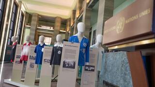 Replica jerseys of Jewish soccer clubs banned under Nazi rule are displayed at the United Nations Palais des Nations in Geneva on Sept. 8, 2025. The exhibition, ‘Sports. Crowds. Power.’, explores how the Nazi regime used sport to spread ideology and persecute Jewish athletes 