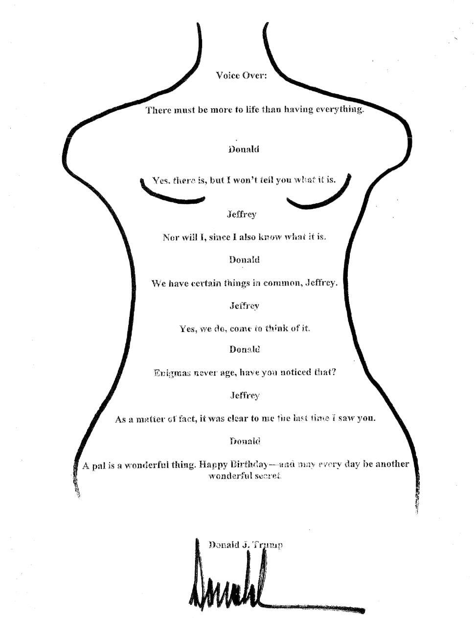 ברכה ליום הולדת ב ציור של אישה עירומה ש נשיא ארה"ב טראמפ שלח לכאורה ל ג'פרי אפשטיין ב-2003