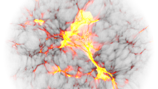  מפה מתאימה של הטמפרטורה של הגז. אזורים צפופים של חומר אפל משכו אליהם גז שהוא חם ודחוס (באזורים האדומים-צהובים), ופליטת גלי הרדיו משם משנה את עוצמת גלי הרדיו בשמיים