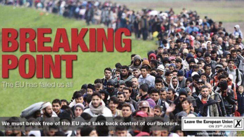 כרזת "נקודת השבר" של מפלגת UKIP שבראשה עמד בעבר נייג'ל פראג' ואשר פורסמה ב-2016 לפני משאל העם על ברקזיט פרישת בריטניה מהאיחוד האירופי נגד מהגרים