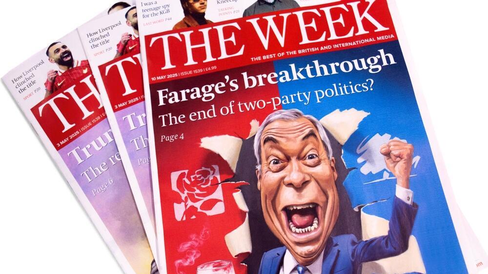 שער מגזין  The Week ב בריטניה במאי 2025 בעקבות הסקרים לטובתו של נייג'ל פראג' ומפלגת הימין העמוק שלו Reform UK