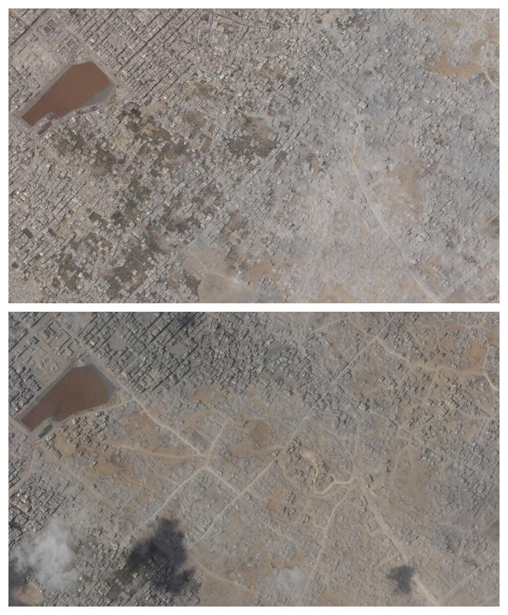 До и после разрушения (Фото: Planet Labs PBC/Handout via REUTERS) תיעוד לוויין מהעיר עזה