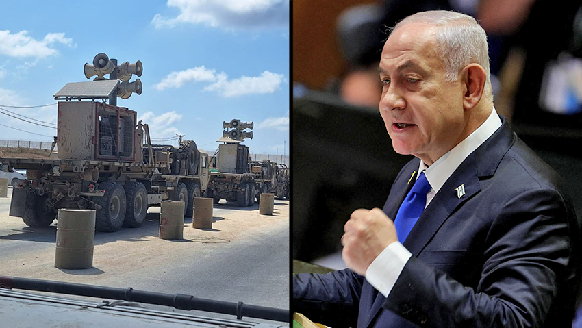 משאית עם הרמקולים בדרך לגבול עזה להשמיע את נאום נתניהו באו"ם