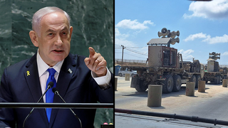 משאית עם הרמקולים בדרך לגבול עזה להשמיע את נאום נתניהו באו"ם