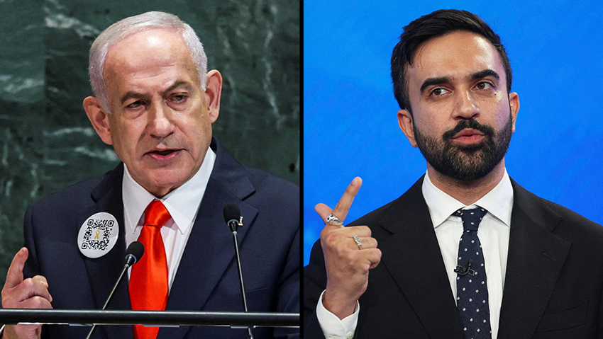 Hands tied: Mamdani vs. Netanyahu (Photo: REUTERS/Jeenah Moon, Yuki Iwamura / POOL / AFP) נתניהו נואם בכינוס עצרת האו"ם הכללית