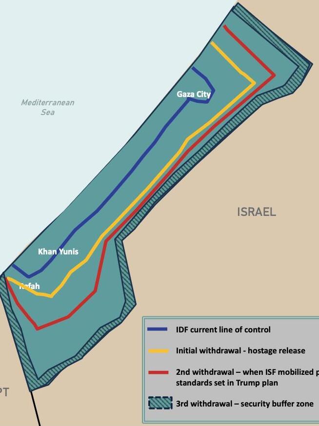 Карта с желтой линией (отвод войск ЦАХАЛа от синей линии к желтой) (Фото: THE WHITE HOUSE) מפת הרצועה לפי התוכנית האמריקנית לסיום המלחמה