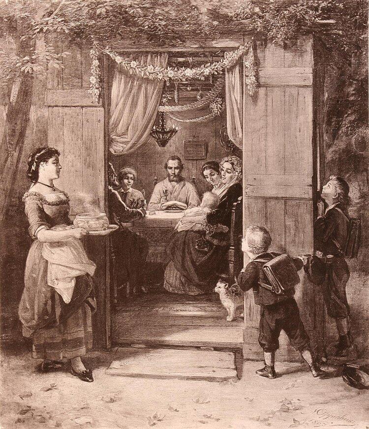 סוכות – ציור של מוריץ דניאל אופנהיים משנת 1867. השכנים הלא-יהודים מציצים פנימה