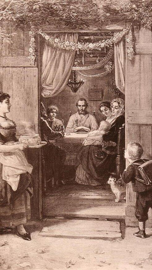 סוכות – ציור של מוריץ דניאל אופנהיים משנת 1867. השכנים הלא-יהודים מציצים פנימה