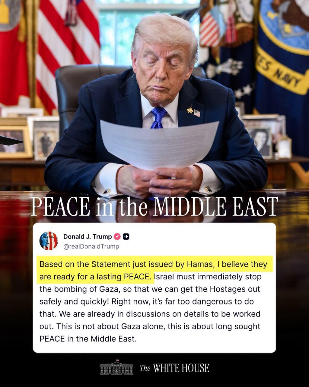 White House highlights Trump’s response to Hamas’ reply (The White House) הודעת הבית הלבן על תגובת טראמפ לתשובת חמאס