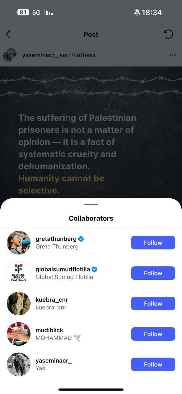 גרטה שיתפה פוסט על "סבל האסירים הפלסטינים" - עם תמונה של החטוף אביתר דוד