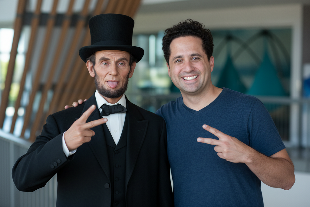 Sharon with Abraham Lincoln in a photo created by Nano Banana (Google) דוגמה לאיך עושים מדמות אחת המון סיטואציות שונות באמצעות נאנו בננה