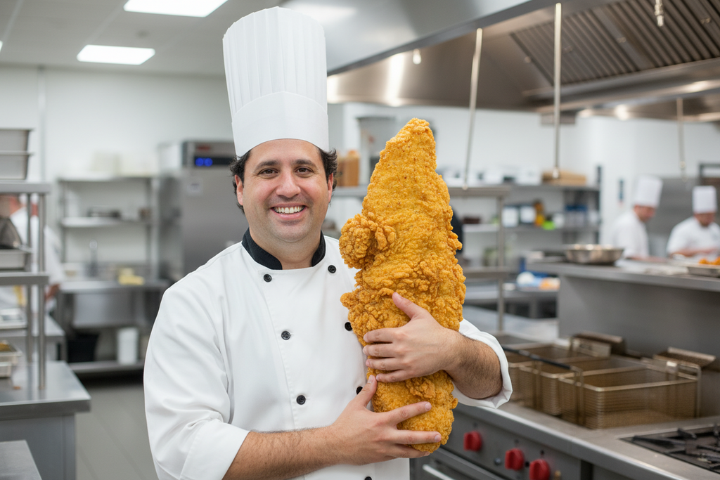 David Sharon as a chef holding an extra-large schnitzel, created in Nano Banana (Google) דוגמה לאיך עושים מדמות אחת המון סיטואציות שונות באמצעות נאנו בננה