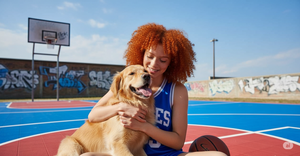 A composite image of the two hugging created using Nano Banana (Google) תמונה משולבת של האישה והכלב מחובקים שנוצרה באמצעות ננו בננה