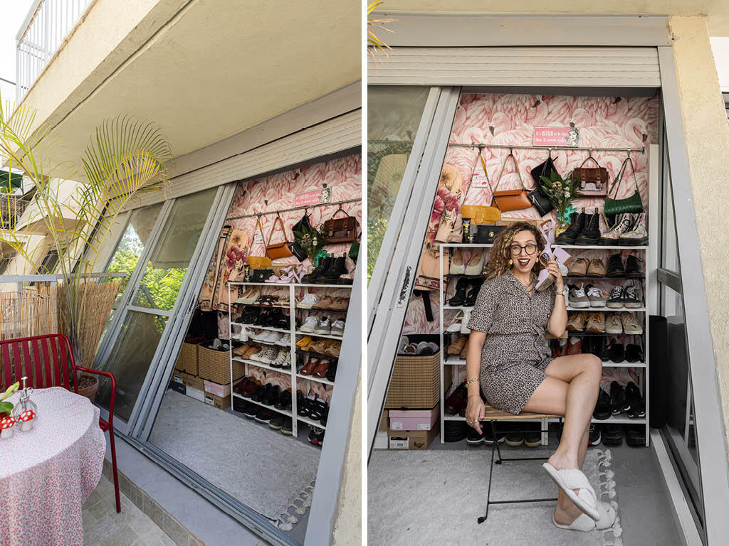 The shoe cabinet in the triangular storage room on the balcony (Photo: Merav Felberg) ארון הנעליים במרפסת של אביב קסלר, מדור כאן גרים