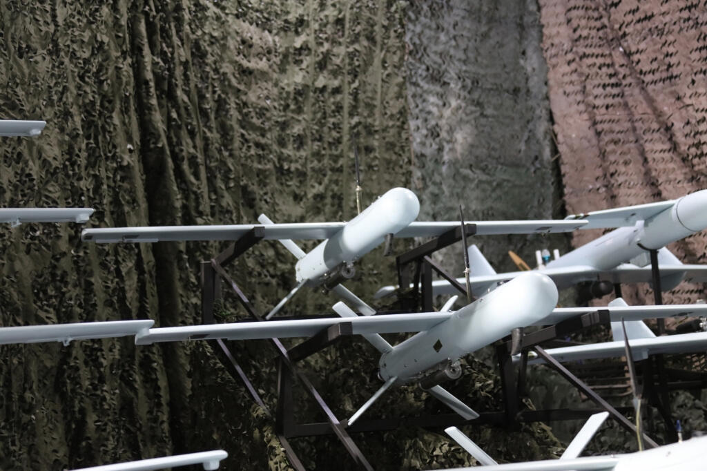 Hezbollah suicide drones arranged in a warehouse 