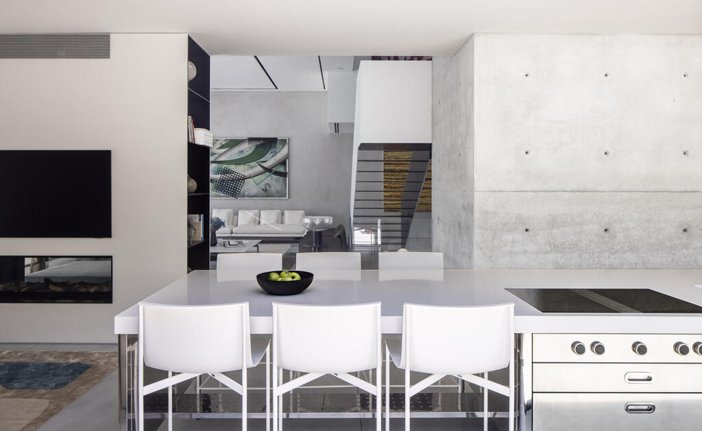 A long stainless-steel island with a white Corian surface (Photo: Nimrod Levy) בית פרטי בהרצליה פיתוח, תכנון: עמיר צורף