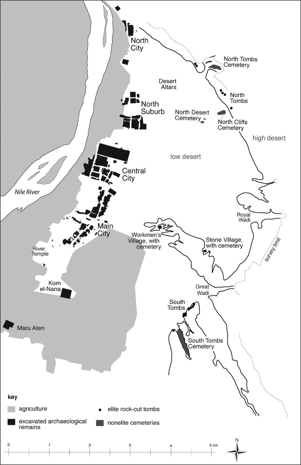 מפה של העיר אחתאתון (עמארנה של ימינו), המציגה את מיקום בתי הקברות של העיר ואתרים מרכזיים אחרים