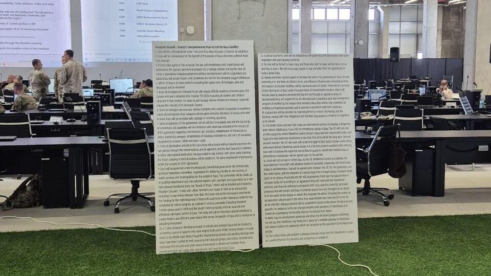 Trump's '20-point plan' at the American headquarters in Kiryat Gat (Photo: Itamar Eichner) "תוכנית 20 הנקודות" של טראמפ במפקדה האמריקנית בקריית גת