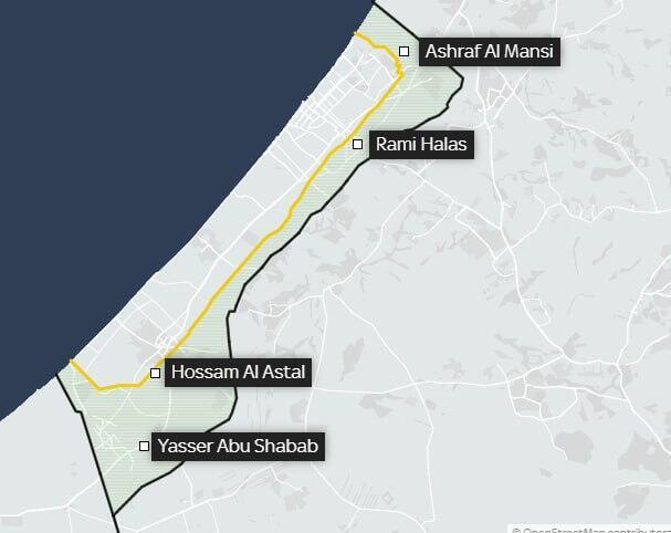Map of militia bases (Sky News) מפת בסיסי המיליציות, לפי סקיי ניוז: אל-מנסי וחלס בצפון הרצועה, אל-אסטל ואבו-שבאב בדרומה