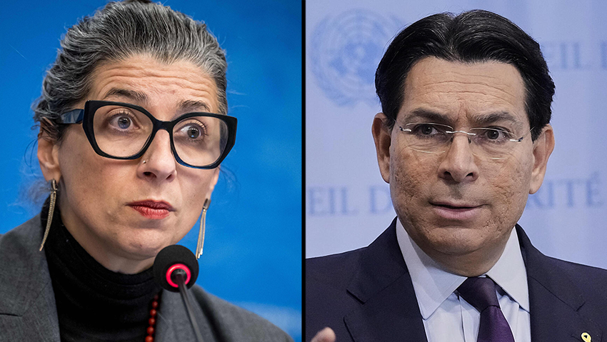 UN special rapporteur Francesca Albanese, Israeli Ambassador to the UN Danny Danon (Photo: AP Photo/Richard Drew, Fabrice COFFRINI / AFP) דני דנון, פרנצ'סקה אלבנזה
