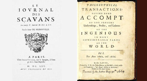 ב-1665 נוסדו שני כתבי העת המדעיים הראשונים, כמעט במקביל: Journal des sçavans ו-Philosophical Transactions of the Royal society of London 