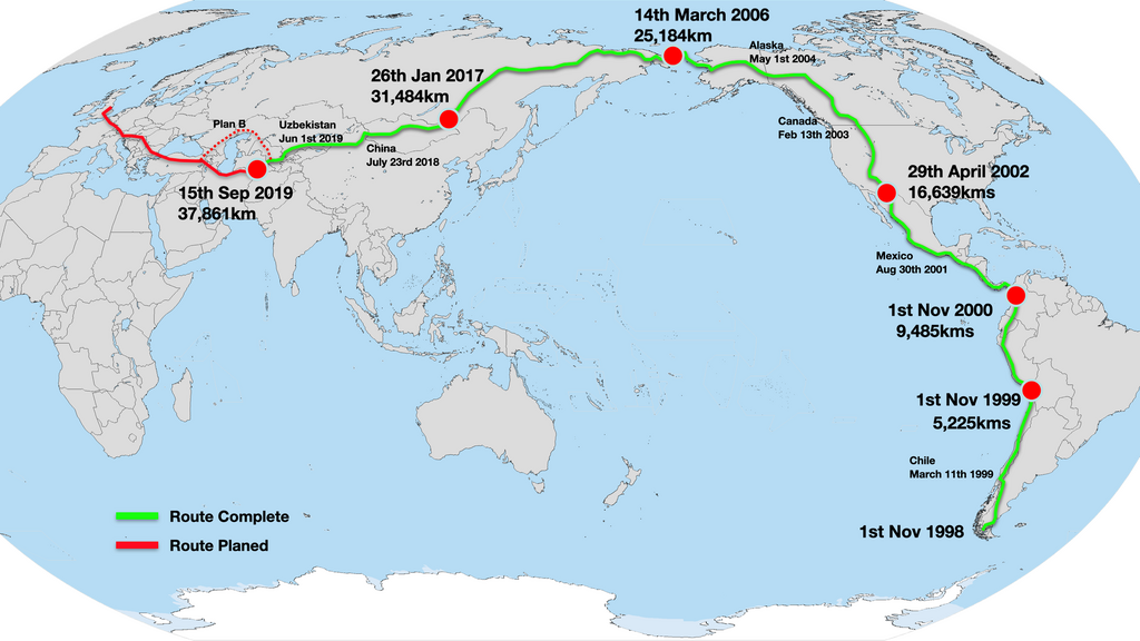 Map of Karl Bushby's expedition route (Photo: Courtesy of Karl Bushby) מפת המסלול של קארל בושבי