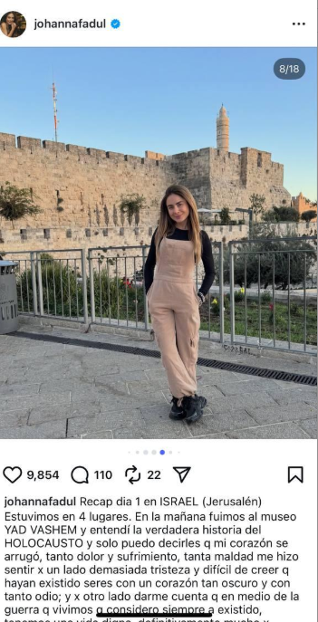 In a post from Jerusalem, influencer Johanna Fadul says she feels 'safer in Israel than in Colombia' and shares how beautiful she finds the country (Photo: from Instagram) בפוסט שהעלתה מירושלים המשפיענית ג׳ואנה פאדול, אמרה כי היא מרגישה ״יותר בטוחה בישראל מאשר בקולומביה, וסיפרה כמה ישראל יפה בעיניה״.