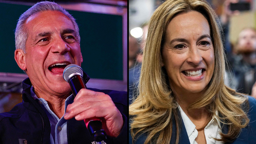 Democrat Mikie Sherrill, a former pilot, is running for governor of New Jersey against Republican Jack Ciattarelli (Photo: EDUARDO MUNOZ ALVAREZ / GETTY IMAGES NORTH AMERICA / AFP, KENA BETANCUR / GETTY IMAGES NORTH AMERICA / AFP) מייקי שריל מועמדת דמוקרטית ו ג'ק צ'יטרלי מועמד רפובליקני לתפקיד ניו ג'רזי בחירות ארה"ב