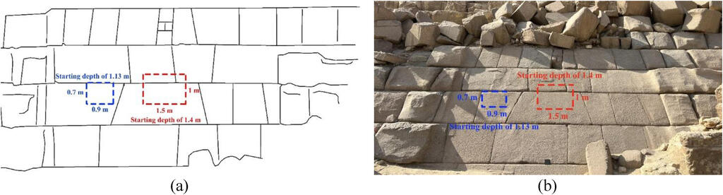 Photo: ScanPyramids project שני האזורים החריגים שאותרו בסריקת הצד המזרחי של פירמידת מנכאורע