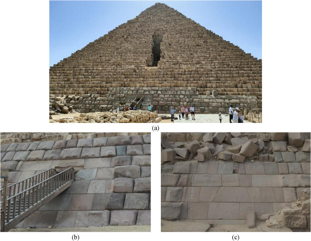 The northern entrance of the Pyramid of Menkaure (A), a close-up of the entrance opening (B), and the section where an additional anomaly indicating a possible hidden passage was detected (C) (Photo: ScanPyramids project) הכניסה בחזית הצפונית של פירמידת מנכאורע (A), תקריב של פתח כניסה לפירמידה (B) והחלק בו זוהתה החריגות הנוספת שמעידה על פתח נסתר נוסף (C)