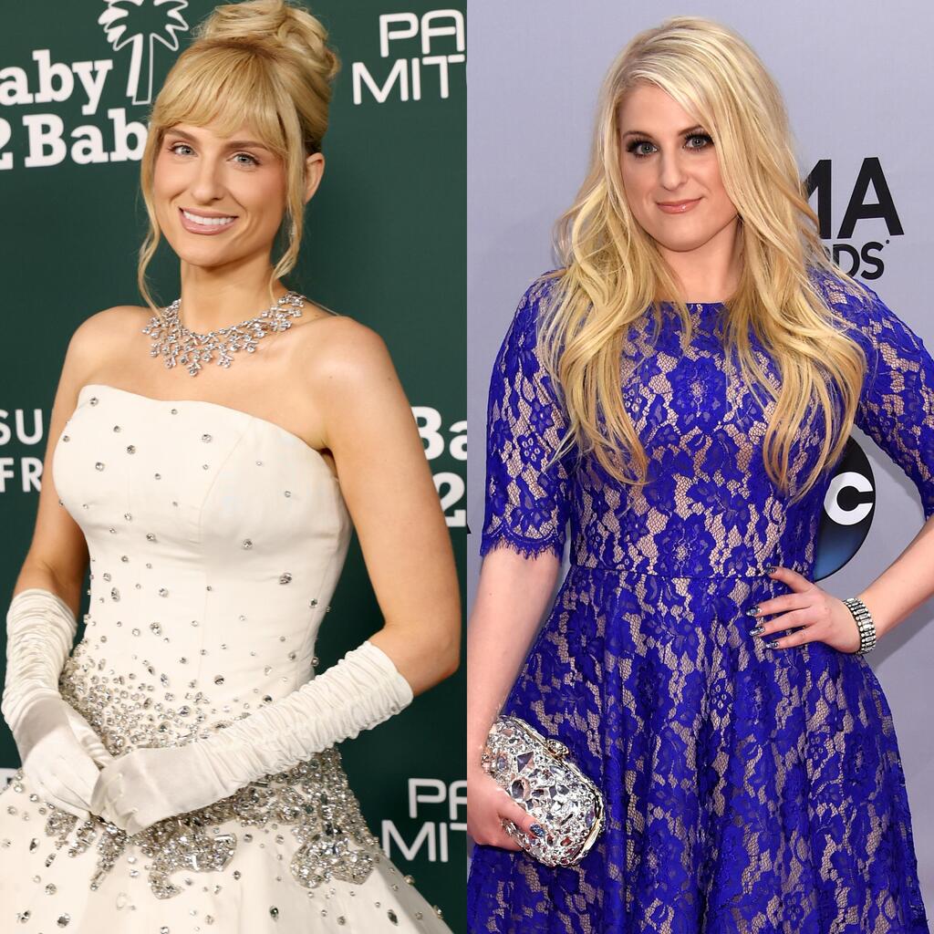 טריינור ב-2014 (מימין), ועכשיו (משמאל) (צילום: Monica Schipper, Larry Busacca/Getty Images) מייגן טריינור