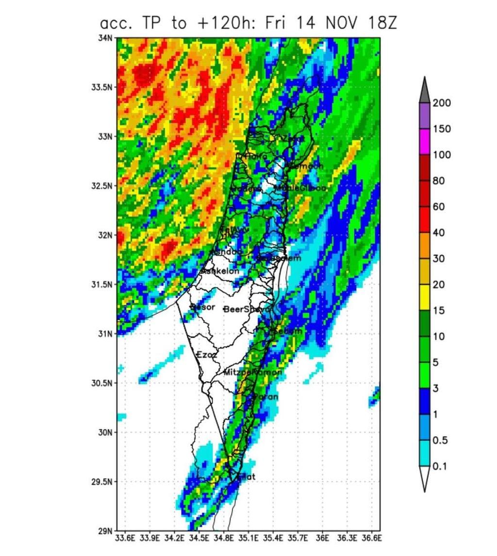 Rain forecast for the weekend (Photo: Meteorological Service) מפת גשמים לסופ"ש הקרוב