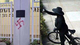 אישה מרססת צלבי קרס בניו יורק