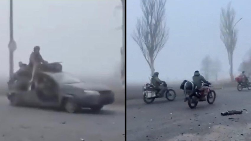 Russian troops entering Pokrovsk on motorcycles and a car roof (Photo: Reuters) כניסת כוחות צבא רוסיה חיילים רוסים ל עיר פוקרובסק במזרח אוקראינה בחבל דונייצק שנתונה למצור