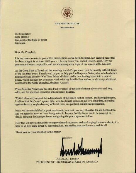 Письмо Дональда Трампа (Фото: пресс-служба) האיגרת ששלח טראמפ להרצוג בבקשה לחנינת נתניהו