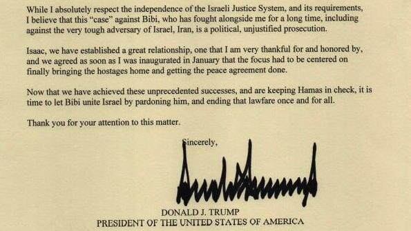 האיגרת ששלח טראמפ להרצוג בבקשה לחנינת נתניהו