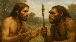 הדמייה של האינטראקציה בין ההומו סאפיינס (משמאל) לבין האדם הניאנדרטלי
