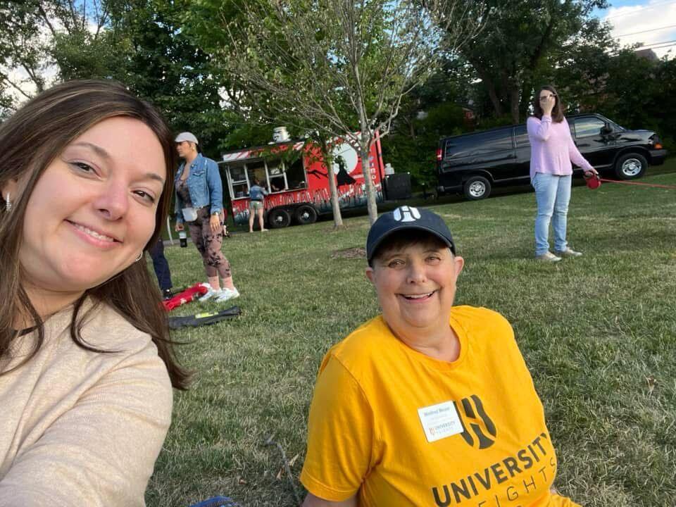 Mayor-elect Michele Weiss with a constituent