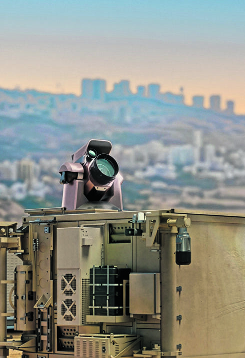 מערכת "אור איתן" (במציאות הקרן אינה נראית, וצבועה לצורך המחשה בלבד)