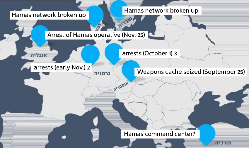 A map released by Israeli authorities shows locations across Europe linked to Hamas terror cells, including arrests, weapons seizures and operational hubs in countries such as Germany, Austria, the Netherlands and Turkey 