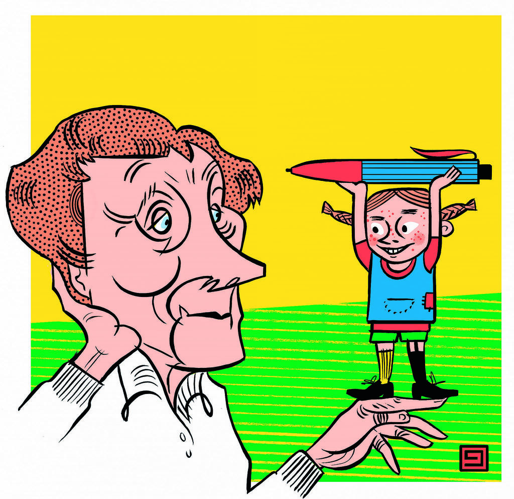Astrid Lindgren and Pippi (Illustration: Yirmi Pinkus) אסטריד לינדגרן ובילבי