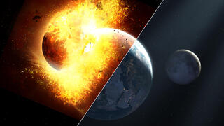 התנגשות תיאה בכדור הארץ (משמאל) וכדור הארץ והיח כיום (מימין)