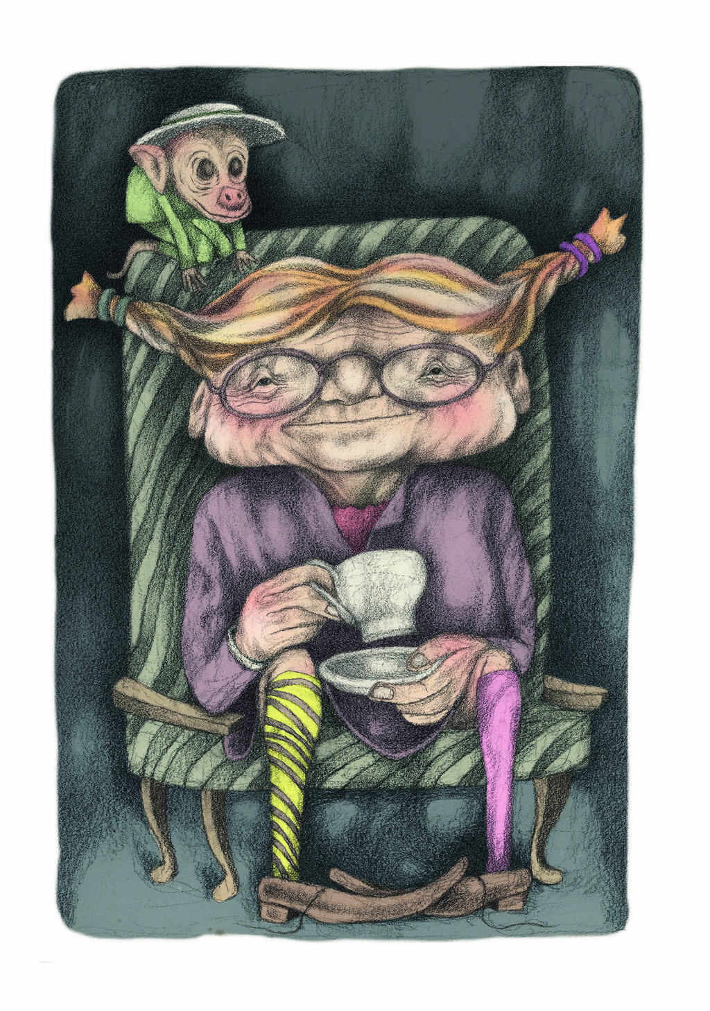 An elderly Pippi and her monkey, Mr. Nilsson (Illustration: Shahar Kober) בילבי קשישה והקוף שלה, מר נלסון
