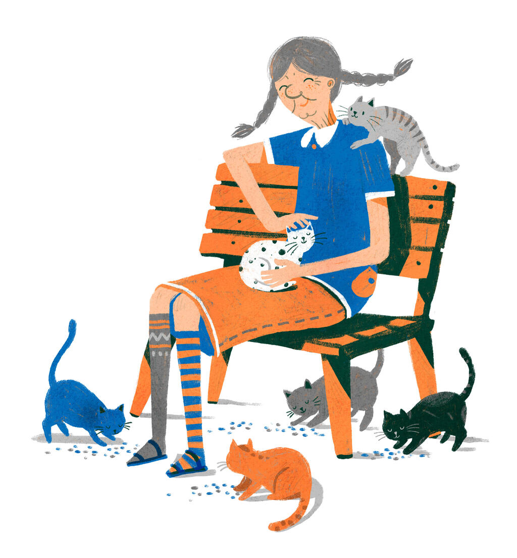 Nowadays, Pippi feeding stray cats (Illustration: Shahar Kober) בילבי בימינו מאכילה חתולי רחוב