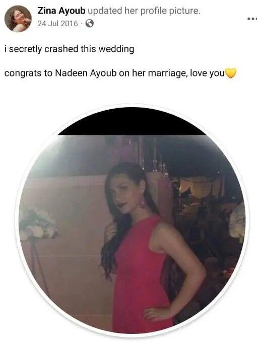 פוסט משנת 2016 בו אחותה של איוב, זינה, מברכת: "ברכות לנדין איוב על נישואיה, אוהבת אותך"