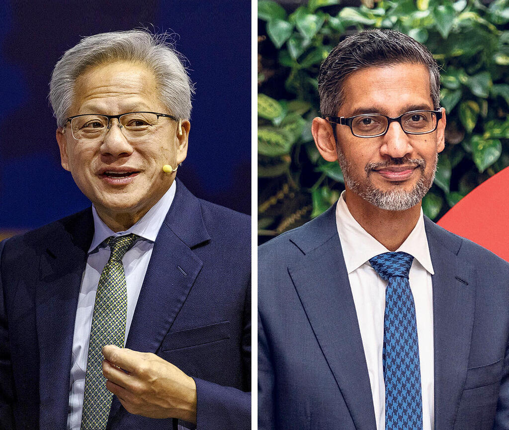 Nvidia CEO Jensen Huang (left) Google CEO Sundar Pichai (Photo: Damian Lemanski/Bloomberg, Ezra Acayan/Getty Images) מימין מנכ"ל גוגל סונדאר פיצ'אי ונשיא ומנכ"ל אנבידיה ג'נסן הואנג