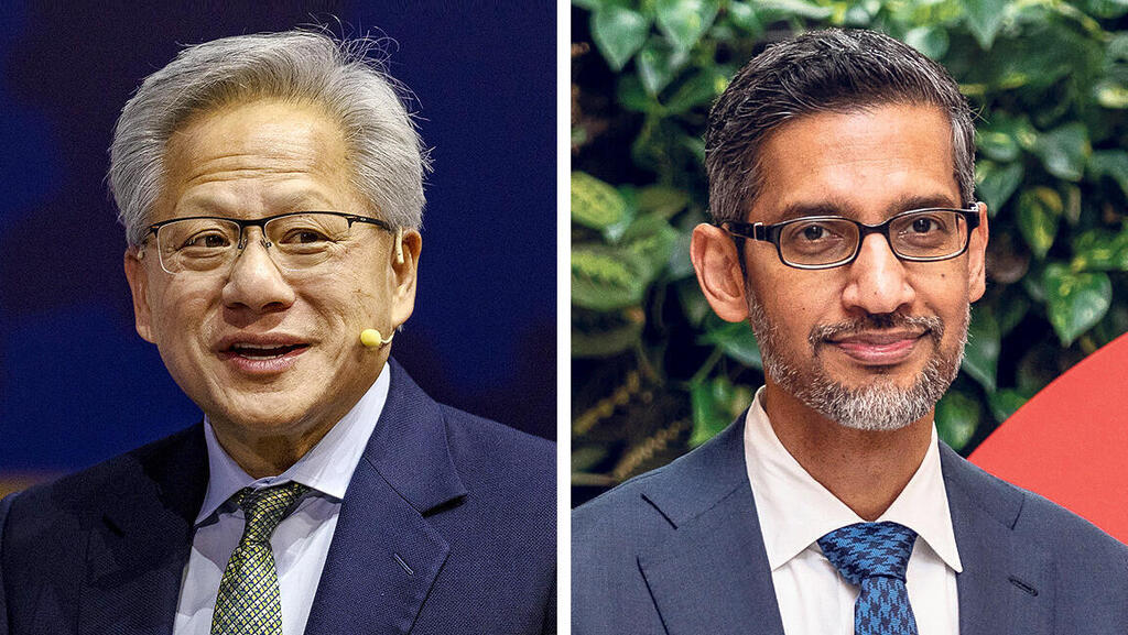 מימין מנכ"ל גוגל סונדאר פיצ'אי ונשיא ומנכ"ל אנבידיה ג'נסן הואנג