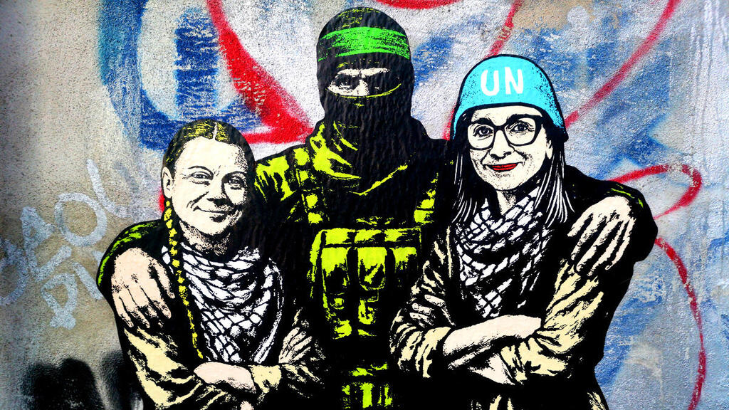 a mural by Italian pop artist aleXsandro Palombo — titled “Human Shields” and depicting Albanese and Greta Thunberg Human Shields