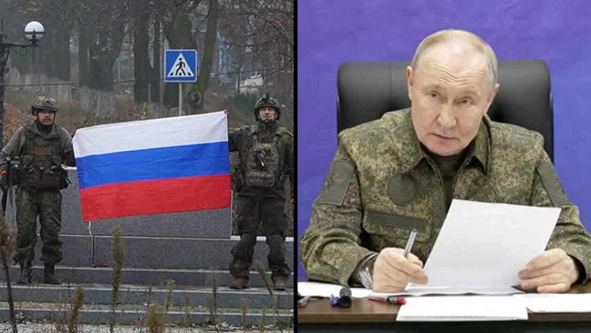 תיעוד של כוחות רוסיה מניפים את הדגל הרוסי בעיר פוקרובסק בחבל דונבאס מחוז דונייצק במזרח אוקראינה אחרי שמוסקבה טענה כי העיר נכבשה