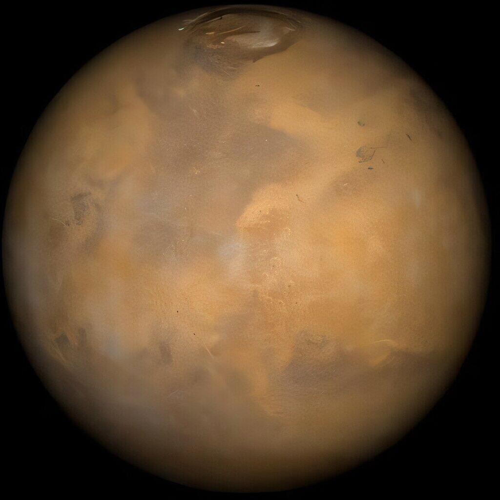 Mars as photographed by Mars Global Surveyor in November 1996 (Photo: NASA/JPL/MSSS) כוכב הלכת מאדים, כפי שצולם על ידי מארס גלובל סרוויור, חללית רובוטית אמריקנית שפותחה עבור נאס"א על ידי המעבדה להנעה סילונית ושוגרה בנובמבר 1996